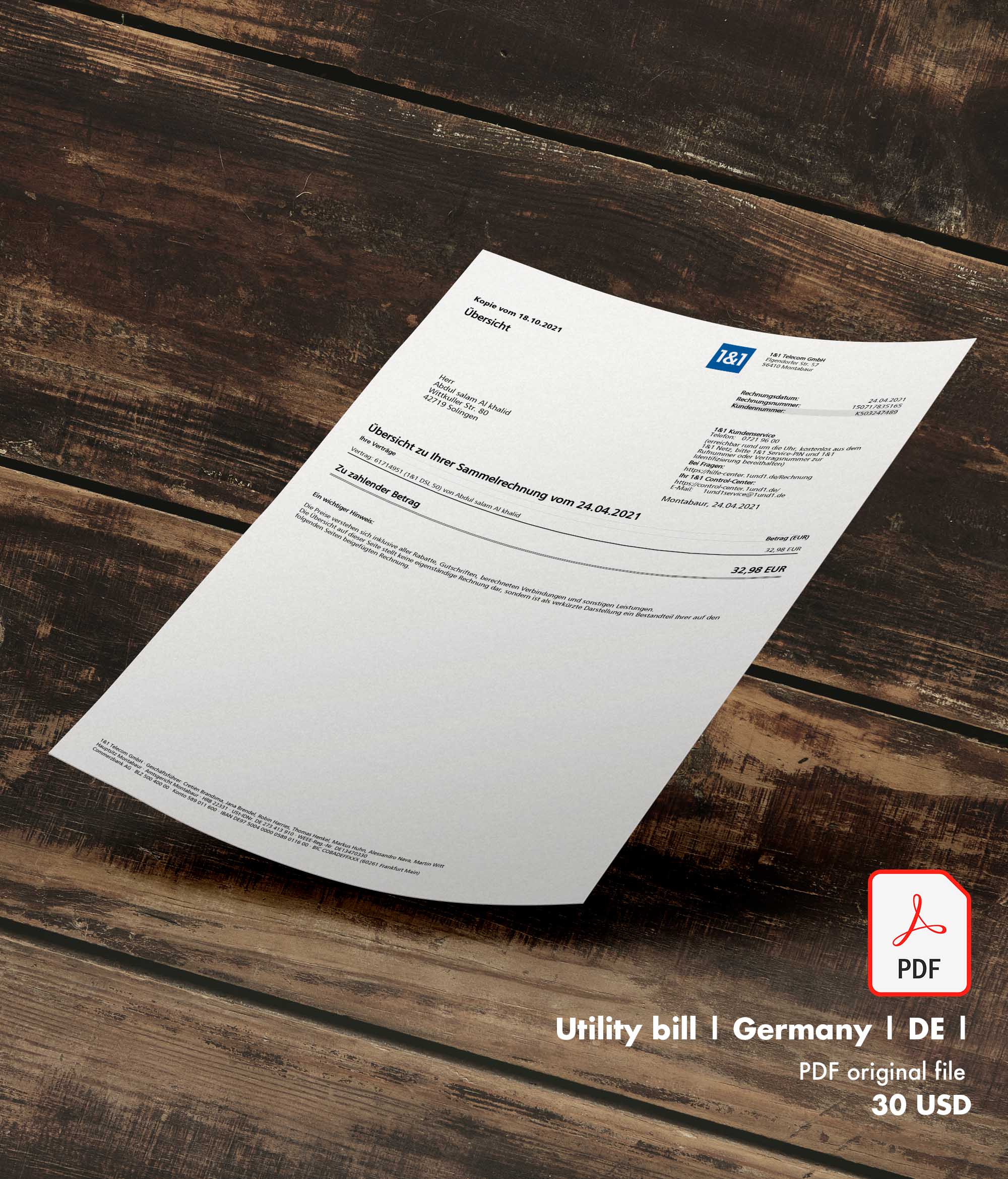 Utility bill | 1 and 1 | Germany | DE-0