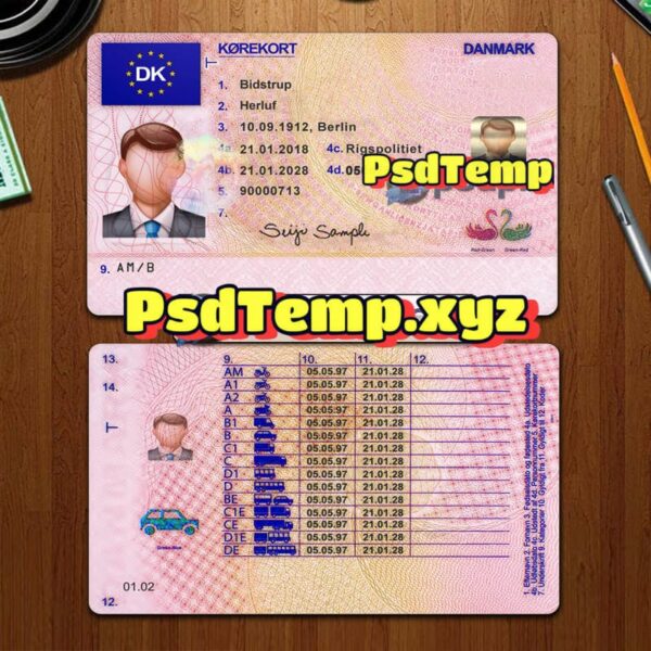 Editable blank Denmark drivers license template PSD