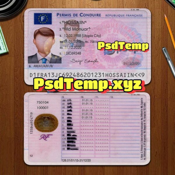 Editable blank France drivers license template PSD