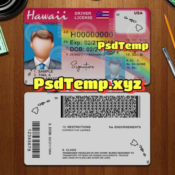 Editable blank Hawaii drivers license template PSD