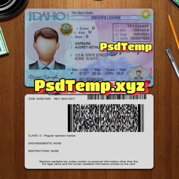 Editable blank Idaho drivers license template PSD