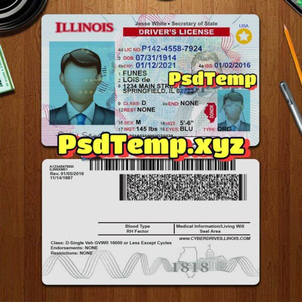 Editable blank Illinois drivers license template PSD