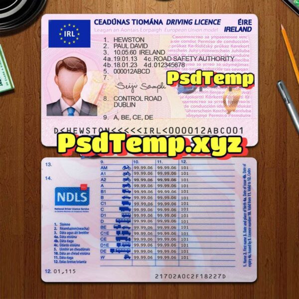 Editable blank Ireland drivers license template PSD