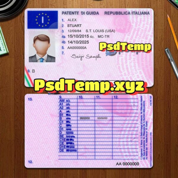 Editable blank Italy drivers license template PSD