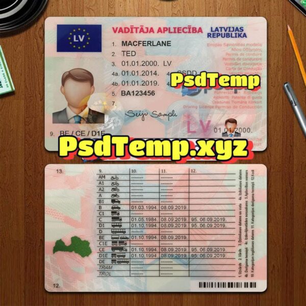 Editable blank Latvia drivers license template PSD