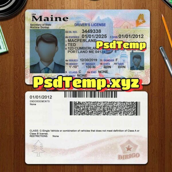 Editable blank Maine drivers license template PSD