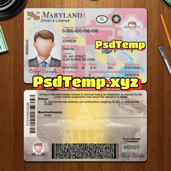 Editable blank Maryland drivers license template PSD