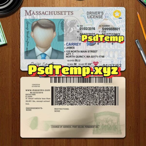 Editable blank Massachusetts drivers license template PSD