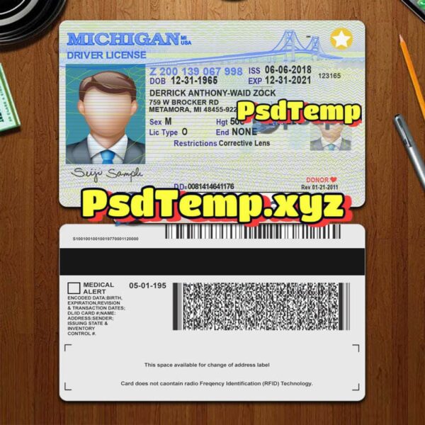 Editable blank Michigan drivers license template PSD