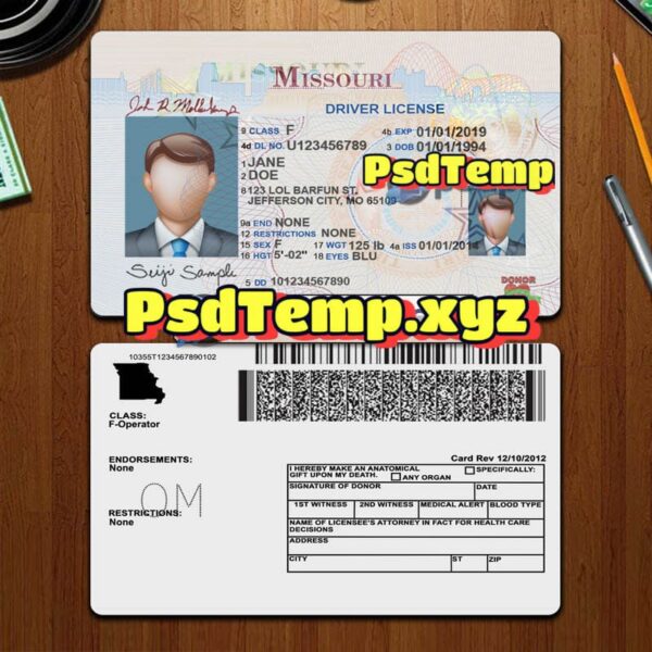 Editable blank Missouri drivers license template PSD