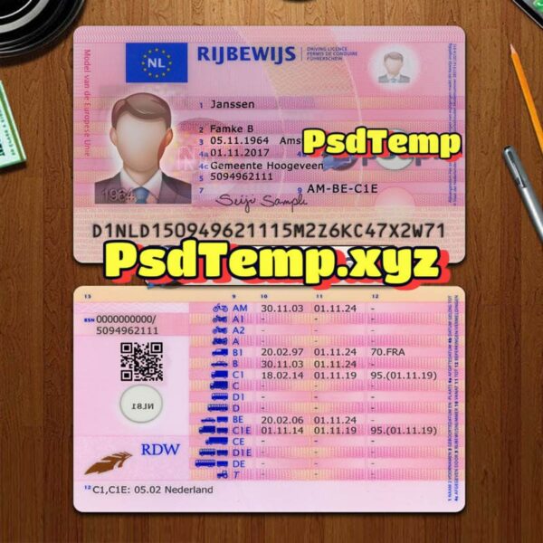 Editable blank Netherlands drivers license template PSD - Image 2