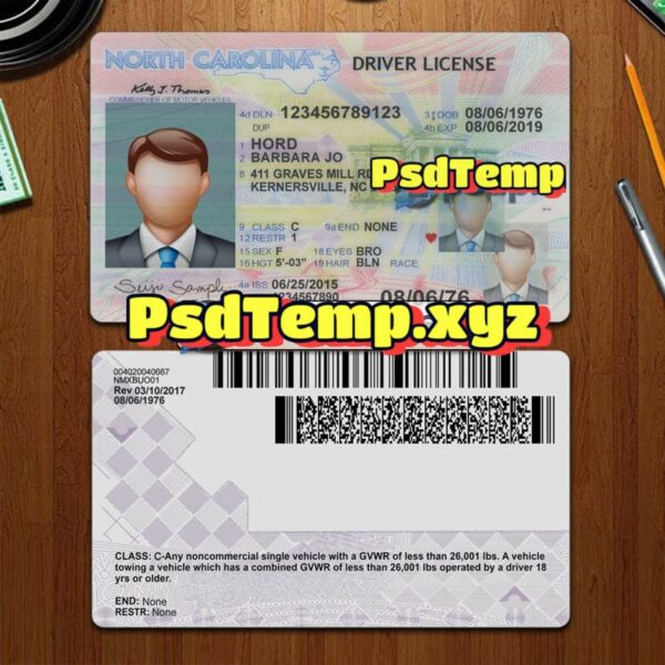 Editable blank North Carolina drivers license template PSD