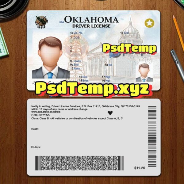 Editable blank Oklahoma drivers license template PSD