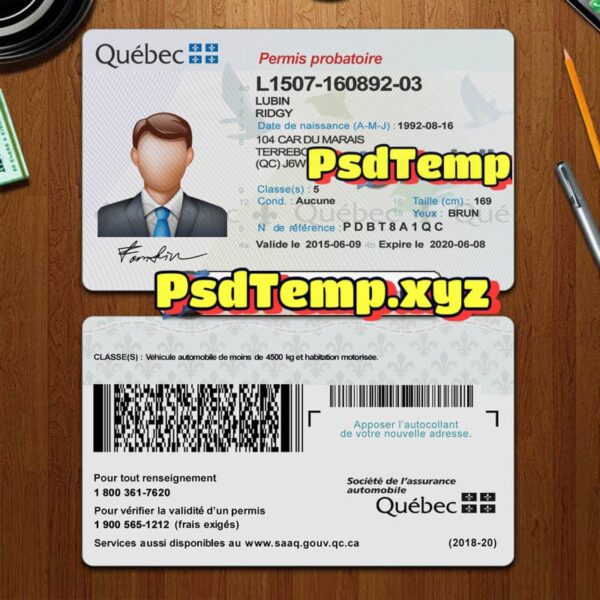 Editable blank Quebec drivers license template PSD