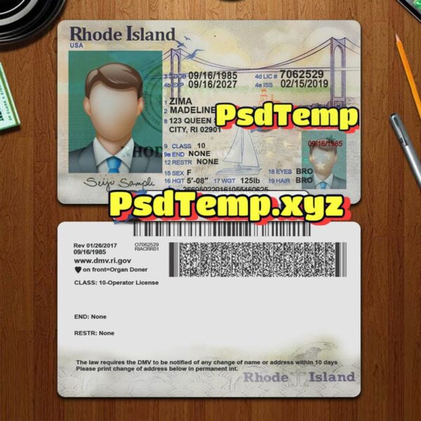Editable blank Rhode Island drivers license template PSD