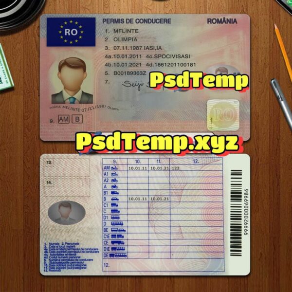 Editable blank Romania drivers license template PSD