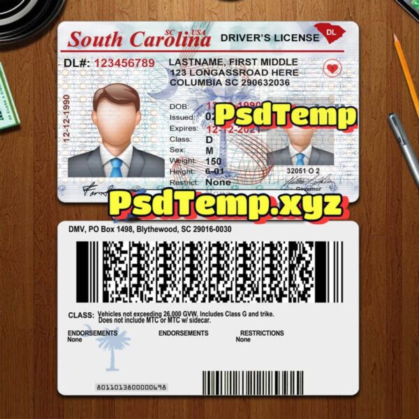 Editable blank South Carolina drivers license template PSD - Image 2