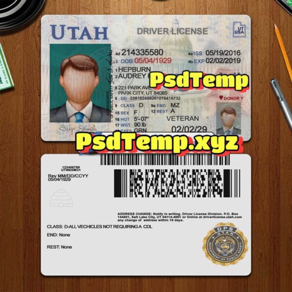 Editable blank Utah drivers license template PSD