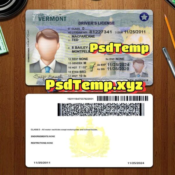 Editable blank Vermont drivers license template PSD
