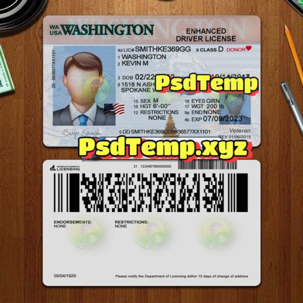 Editable blank Washington drivers license template PSD