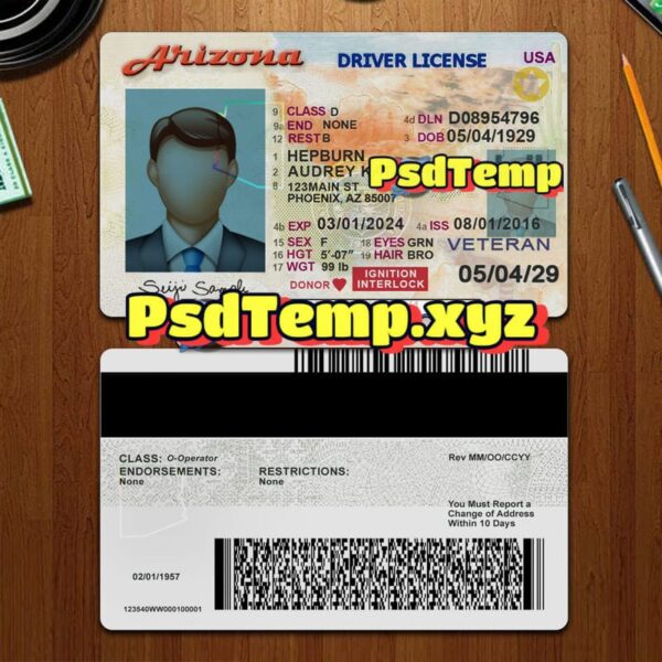 Editable blank Arizona drivers license template PSD